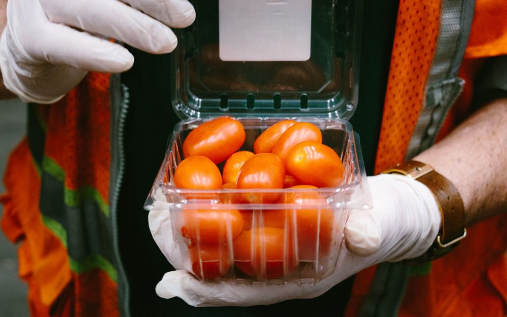 Man holding a container of tomatoes