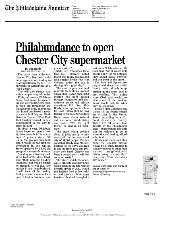 The Philadelphia Inquirer Philabundance To Open Chester
